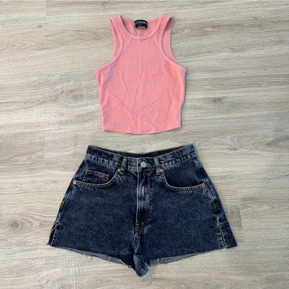 Kittenish blue jean shorts and pink ribbed tank top bundle